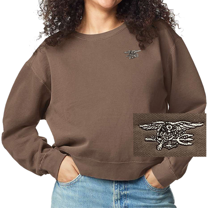 Ladies Espresso Garment-Dyed Mid-Length Trident Crewneck Sweatshirt