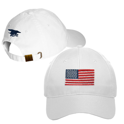 Ladies White Cap with Big American Flag and Trident
